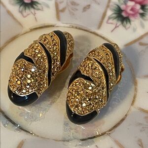 Vintage St. John Gold Rhinestone & Black Enamel Tiger Stripe Clip-on Earrings